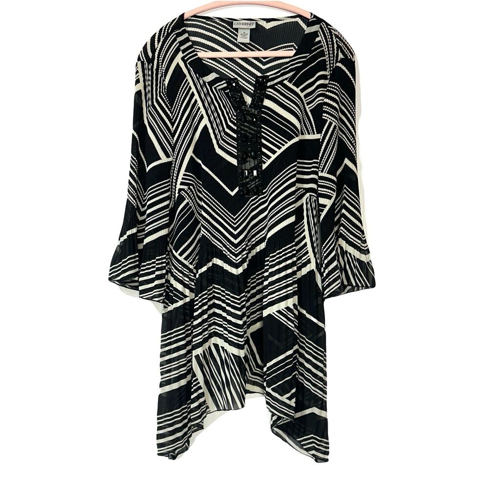 Catherines Blouse Size 1X 18 20 Tunic Top Jeweled Beaded Neck Sheer Pleated